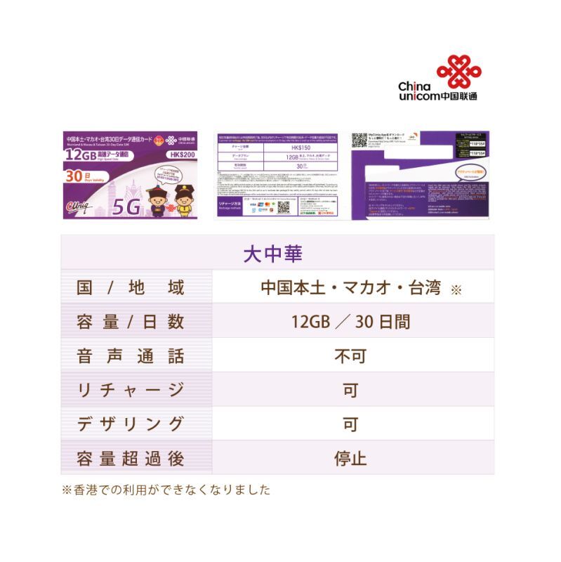 ChinaUnicomHK大中華プリペイドSIM｜格安SIMカード購入通販
